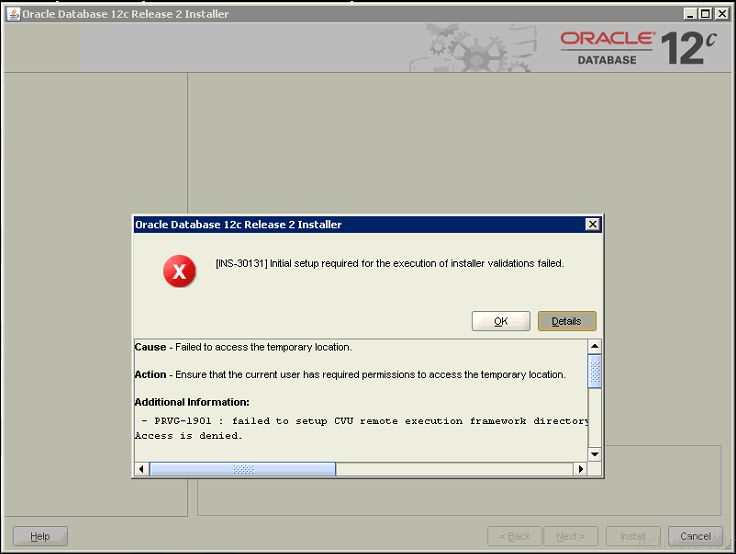 Oracle 12c Installer INS-30131 Error message